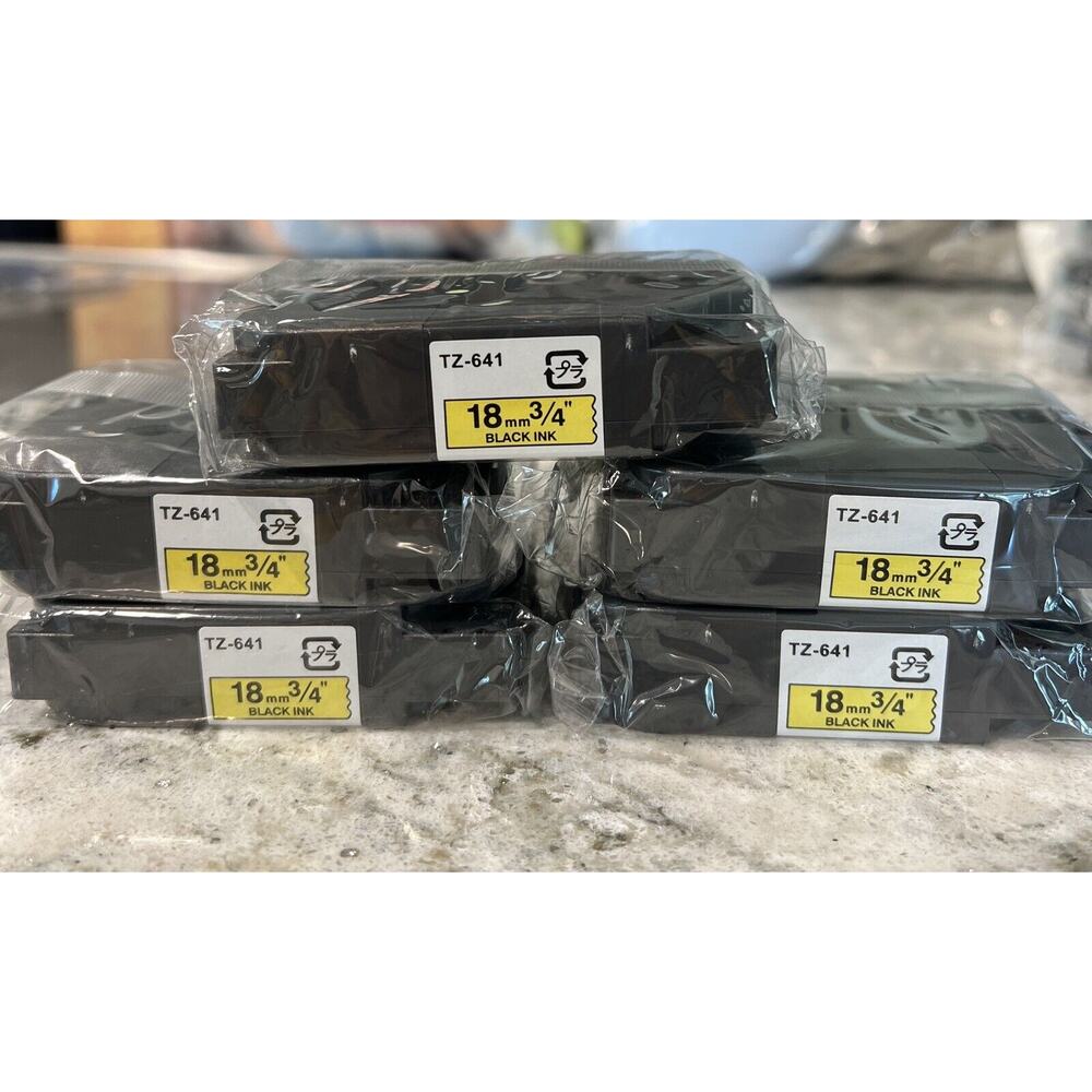 Lot Of 5 Brother P-Touch Tape Cassette TZ-641‎ Black Print on Yellow 3/4”, 18mm